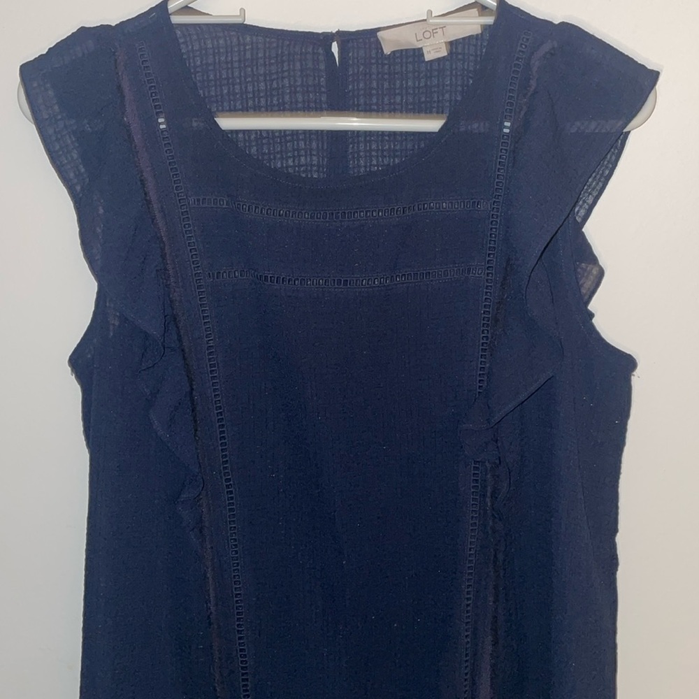 LOFT Navy Blue Ruffle sleeveless top, perfect for summer, women’s Medium